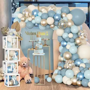 Dusty Blue Balloon Arch Kit Baby Shower Boy Decorations | Blue Gold Balloon Garland with Baby Boxe & Letter for Gender Reveal Birthday Party