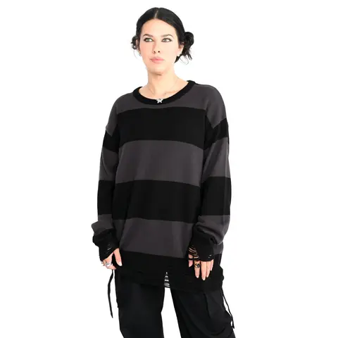 Foxblood Shop Women's Oversized Marlowe Stripe Long Sleeve Casual Pullover Tunic Top, Black and Grey