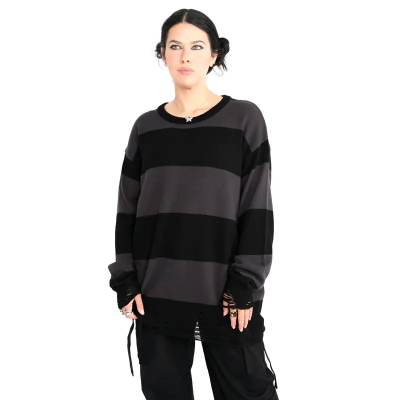 Foxblood Shop Women's Oversized Marlowe Stripe Long Sleeve Casual Pullover Tunic Top, Black and Grey