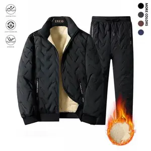 Men's Winter Fleece Set - Cozy Streetwear, Thick Warm Cotton Jacket & Fleece Joggers, Casual Outfit (Machine Washable) - Comfortable Athletic Pants, Suitable for Autumn, Winter, Spring 2-Piece Set