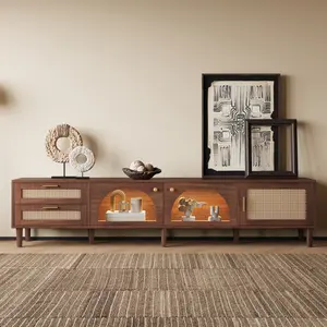 86.6" TV Stand for TVs up to 90" – Smart Ambient Lighting, Rattan & Glass Doors, 2 Drawers, Dark Brown Media Console
