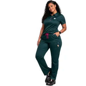 Heart Align Scrubs Polo Set -  Green & Purple Scrub Pant & Polo Top with Zipper Pocket & Badge Holder for Nurses & Healthcare Professionals - Womenswear, FabricHeart Align Scrubs Polo Set -  Green & Purple Scrub Pant & Polo Top with Zipper Pocket & Badge