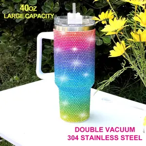 40oz Large Capacity Sparkling Diamond Ice King Cup - Double Wall Vacuum Insulated Stainless Steel Travel Cup with Handle and Straw Car Travel Cup, Coffee Cup, Water Bottle, Outdoor Camping, Bridesmaids Gift, Halloween and Christmas, US Local Warehouse