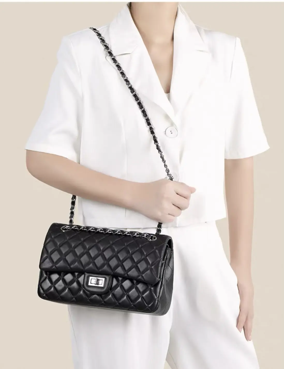 Genuine sheep skin leather women's quilted design crossbody bag, fashionable chain shoulder bag for daily used and office work, trendy universale real leather bag