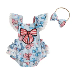 4th of July Baby Girl Outfits Sleeveless Star Bow Print Bow Embroidered Lace Trim Ruffles Bubble Romper Newborn Independence Day Outfit