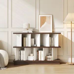 Modern 8-Cube Geometric Low Bookcase with 10 Removable Back Panels, Versatile Modular Cube Storage Organizer & Display Shelf for Living Room, Bedroom & Home Office, Easy Assembly, Walnut & White
