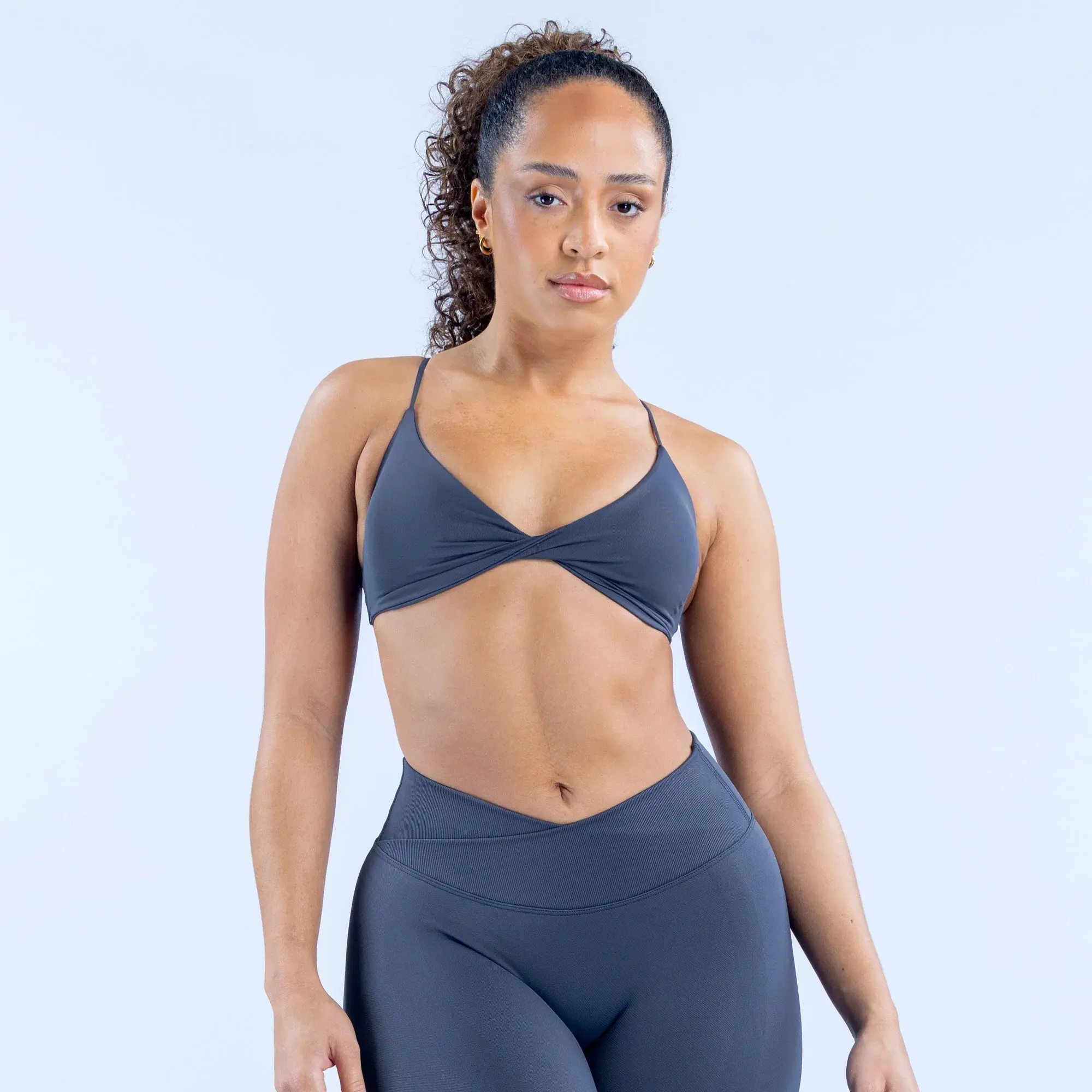 Twist Front Sports Bra (full logo) - Flattering Twist Front Gym Bra With Medium Support And Contouring Design