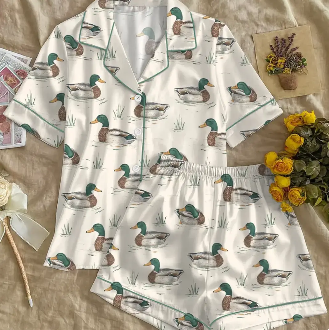 [Youth & Adult] Bundle Duck Camo Hunting Satin Pajama Short and Long Set for Women and Kids, Vintage Camo Satin Premium Sleepwear Loungewear, Camo Gift for Her, Casual Womenswear