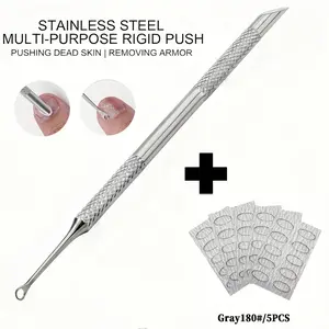 Double-Head Stainless Steel Pusher + 5 Replaceable Sandpaper Sheets, Nail Care Tool Set, Professional Manicure & Pedicure Kit