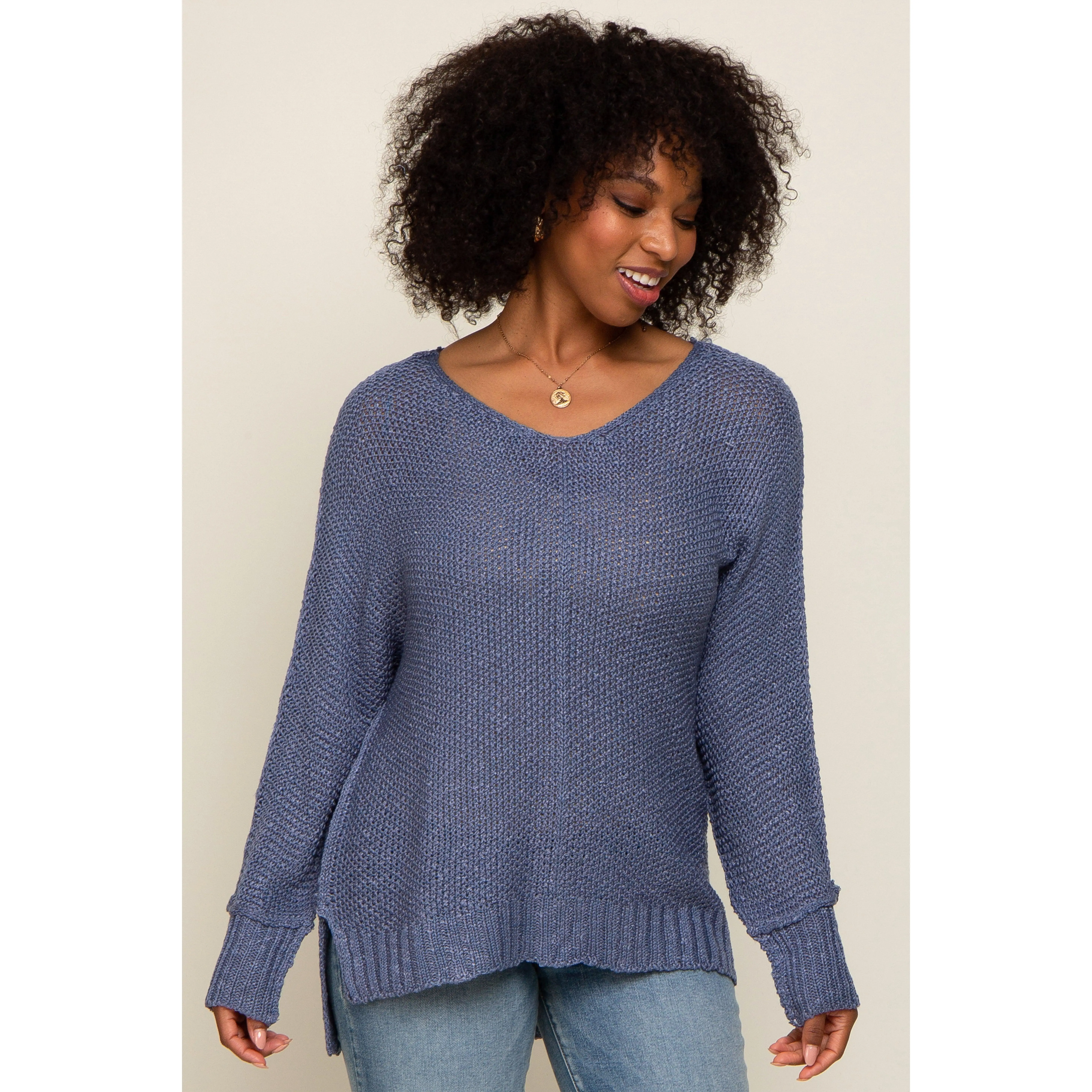 Blue Chunky Knit Side Slit Sweater, Ribbed, Longsleeves