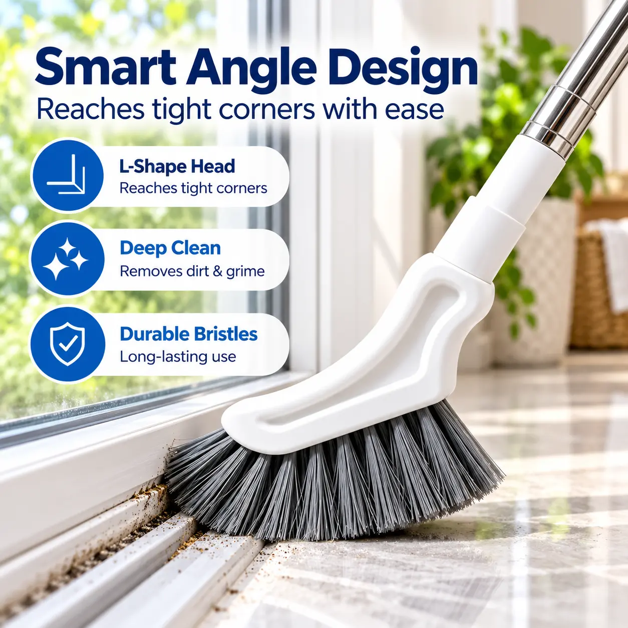 Crevice Cleaning Brush with Telescopic Stainless Steel Handle, Curved Brush Head for Narrow Gaps and Bathroom Corners, Long-Handled Scrubber for Hard-to-Reach Areas