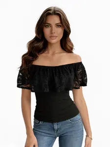 Women's Lace Patchwork Ruffle One Shoulder Crop Top, Boho Cottagecore Blouse, Slim Fit Waist Cinching Summer Vintage Sexy Fashion, Casual Party Vacation Wear Womenswear