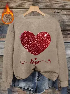 Women's Casual Fashion Round Neck Faux Sweater Top, Heart Letter Print, Comfortable Fall & Winter Wear, H-Type Silhouette