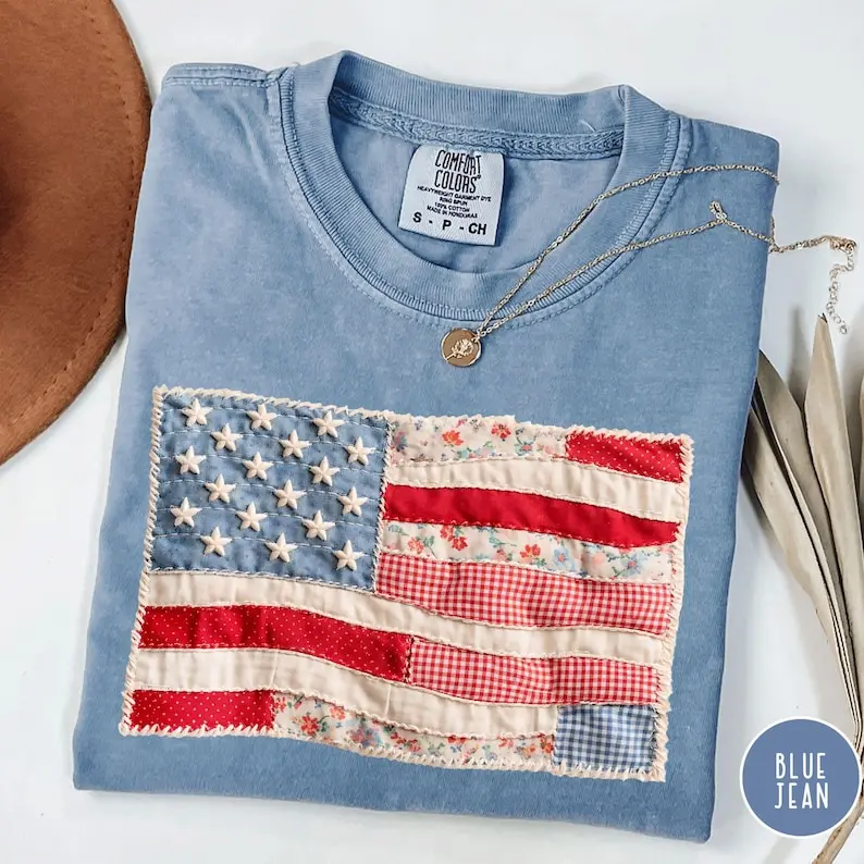 Comfort Colors® Faux Patchwork American Flag Shirt, Vintage Faux Quilted USA Graphic Tee, 250th Years Patriotic Fourth Of July Shirt,Usa Tee