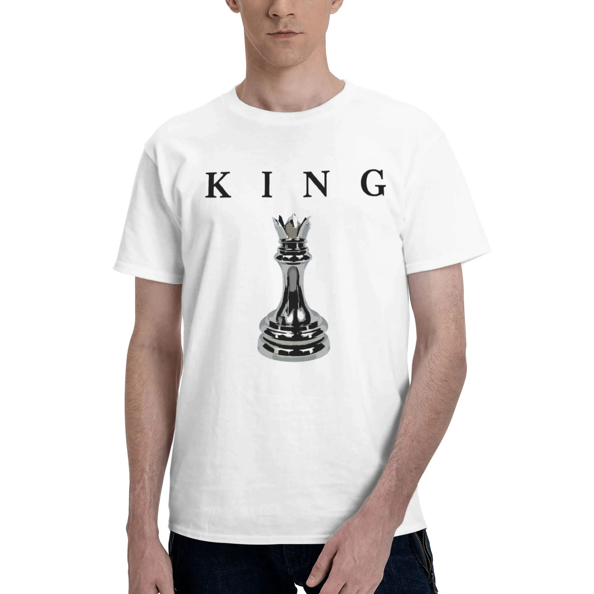 Level‑up your fit with this awesome King chess graphic tee! Sleek metallic chess king print on clean white base, comfortable regular fit for daily street style. Great statement piece for chess enthusiasts.