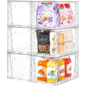 6Pack Stackable Kitchen Storage Organizer Clear Foods Organizer Bins with Handles Easily Assemble for Bathroom Kitchen Pantry Cabinet Closet