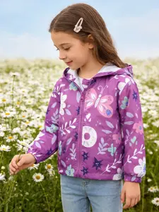 Girls' Printed Hooded Jacket, Cute and Sweet Style, Lightweight Breathable Fabric, Zipper Closure, Side Pockets, Elastic Hem, Spring Outdoor Wear