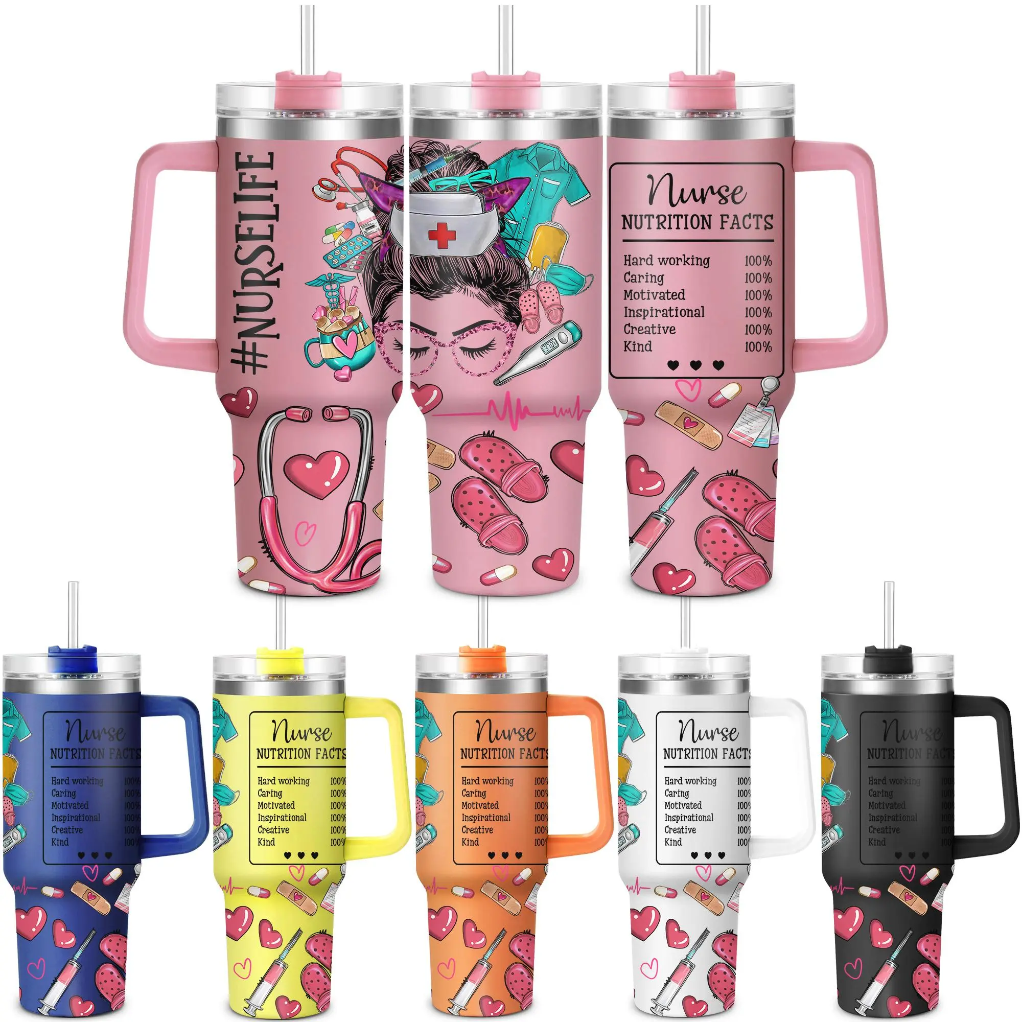 Nurse Pattern 40oz Tumbler with Lid, 1 Count Stainless Steel Water Bottle, Drinking Cup for Home Office School Outdoor Camping, Drinkware