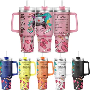 Nurse Pattern 40oz Tumbler with Lid, 1 Count Stainless Steel Water Bottle, Drinking Cup for Home Office School Outdoor Camping, Drinkware