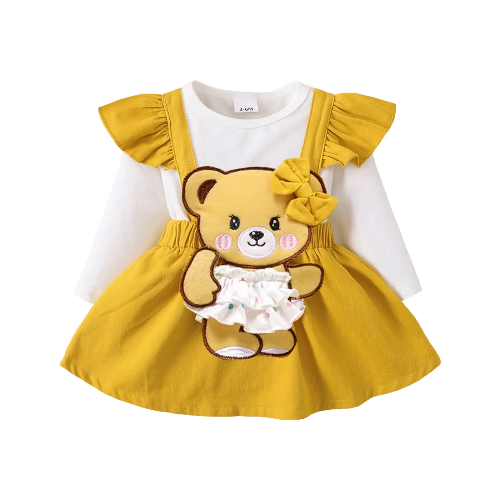 LAGKIYOJ Infant Baby Girl Clothes Ruffles Long Sleeve Bear Embroidery Cartoon Dress Spring Fall Winter Outfits