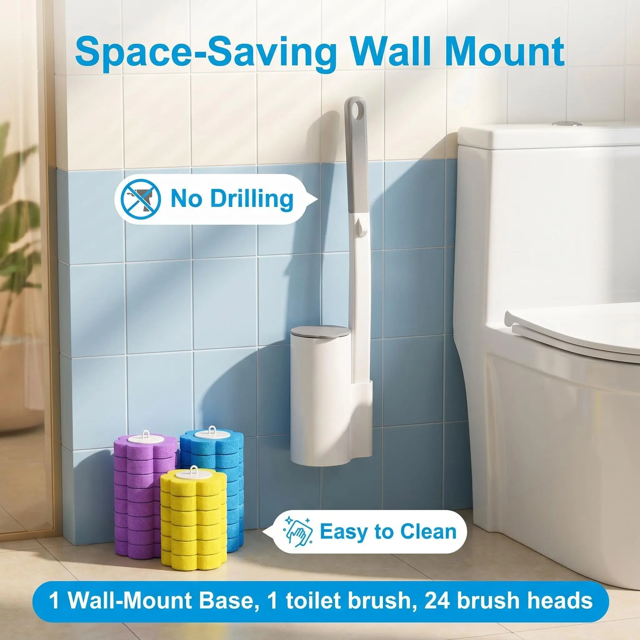 Disposable toilet brush set with 24 replacement heads; replacement heads can also be sold separately. One replacement head per use to avoid cross-contamination. Recommended household cleaning product; Father’s Day gift; great for gifting between best frie