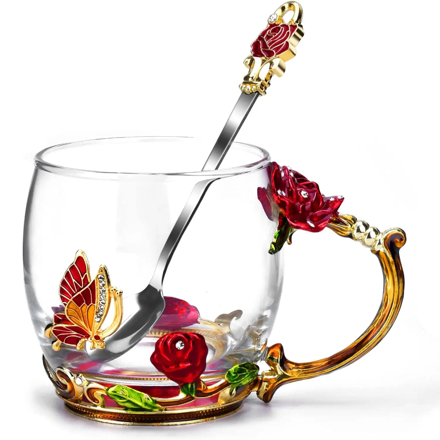 Handmade 3D Designs Butterfly Enamel Glass Tea Cup Mug with Sturdy Handles - Kitchen Drinkware Set, Ideal Gift for Mom, Grandmother from Daughter-Son for Mother’s Day, Birthday Stocking Stuffers
