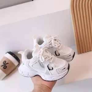 1 Pair Boys & Girls Low-Top Sneakers - White/Black/Grey All-Season Lace-Up & Closure, Cushioned TPR Sole, Breathable PU Upper with Ventilation Holes - to Kids, Play & Casual Attire