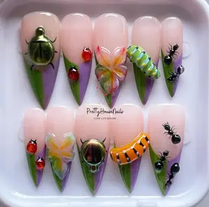 Garden Bug Press On Nails – 3D Beetles, Ladybugs, Ants & Flowers on Gradient French Tips, Perfect for Nature-Inspired Spring Nail Art