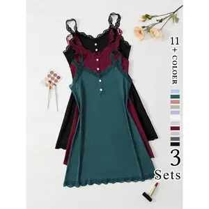 Vista X [2026]Women's Plain Buttons Contrast Lace Cami Nightdress, Elegant Sleeveless Nightgown, Comfy Sleepwear for Summer