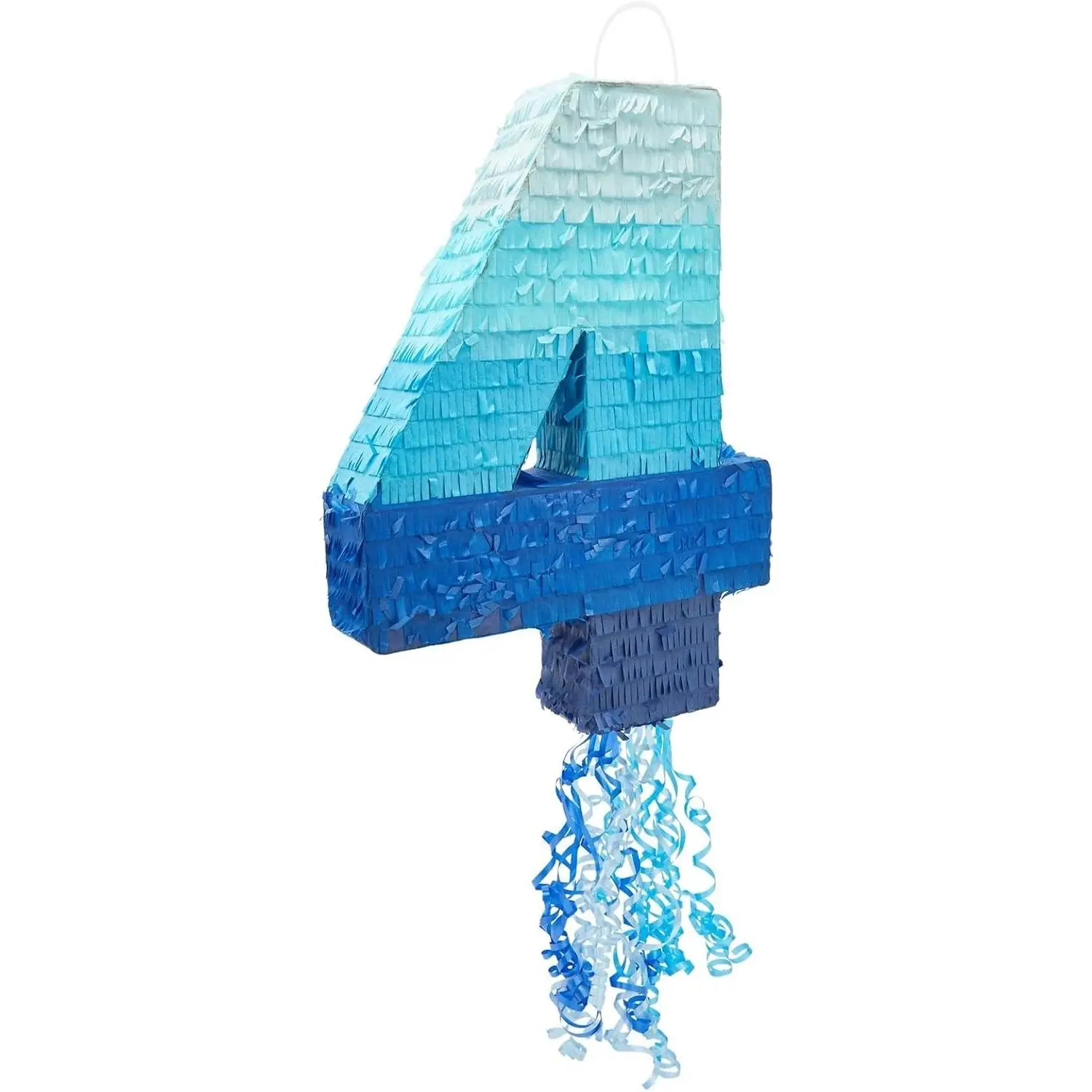 Pull String Pinata - Corrugated Number 4 Pinata, Ombre Blue Tissue, for 4 Year Old Birthday Decor, Easy Fill, Fun Activity for 4 Year Old Boy, Size 16.5 x 12 x 3 in
