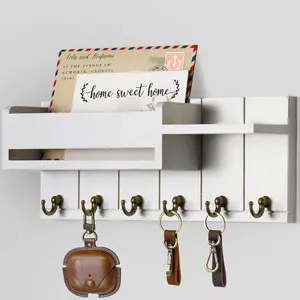Wooden Key Holder Wall Mounted with 6 Storage Hooks, Decorative Mail Organizer Rack, Country Farmhouse Home Entryway Essential