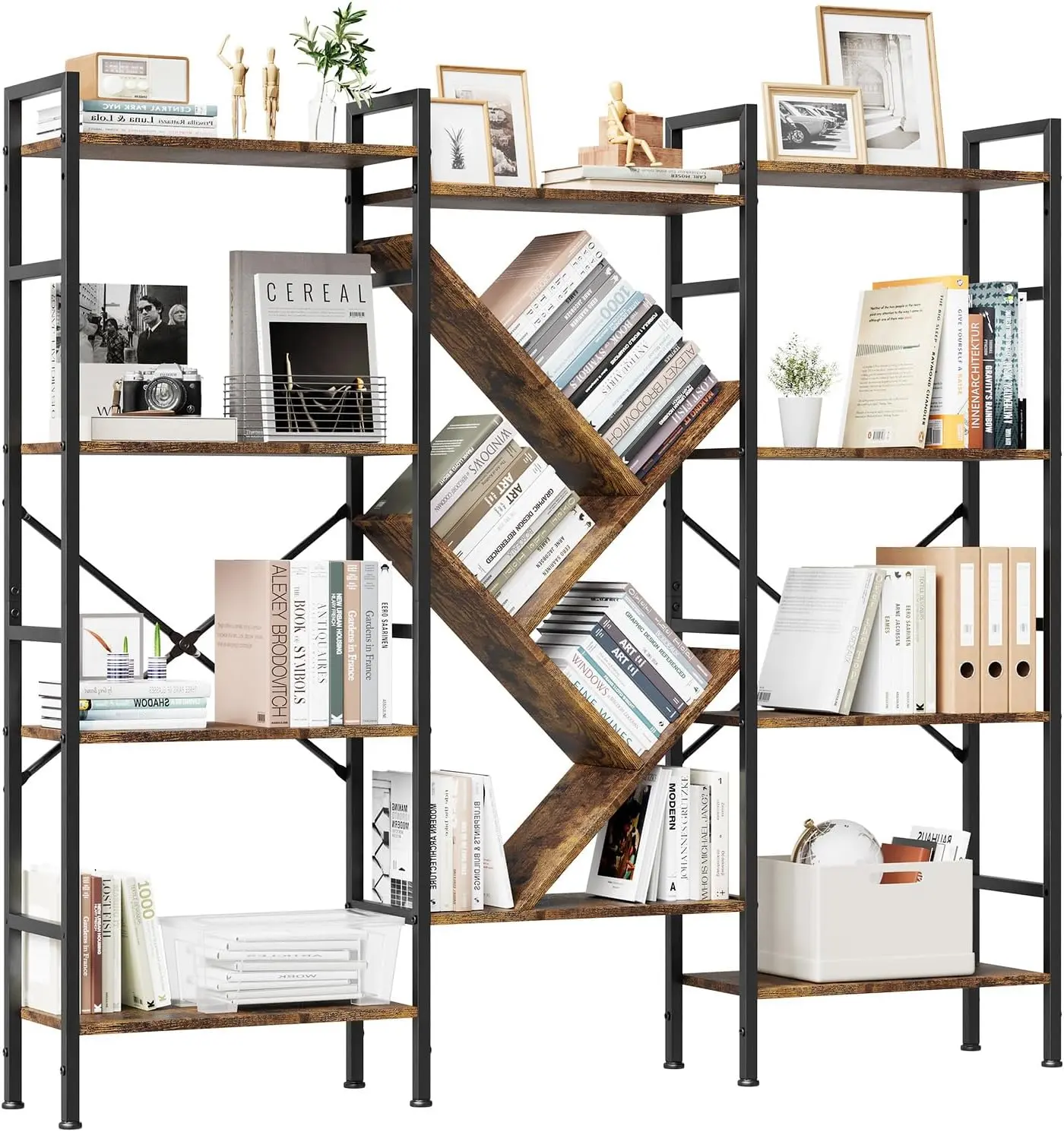 Industrial Wood Bookshelf, 4-Tier Rustic Storage Shelf, Wide Bookcase with 14 Shelves, Metal Frame Storage Rack for Living Room & Home Office