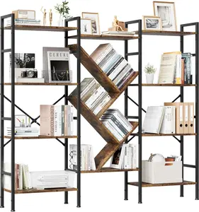 Industrial Wood Bookshelf, 4-Tier Rustic Storage Shelf, Wide Bookcase with 14 Shelves, Metal Frame Storage Rack for Living Room & Home Office