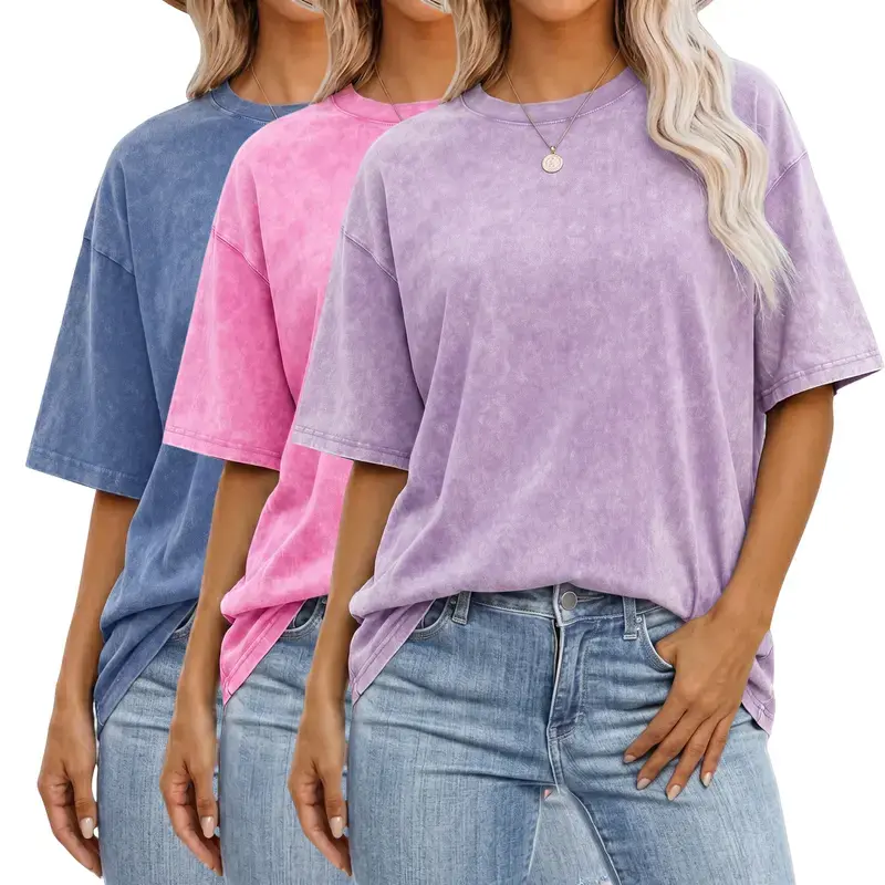 Men's 3-Pack Pure Cotton Vintage Washed T-Shirts - Round Neck, Short Sleeve, Solid Colors, Distressed Finish, Preworn Vintage, Casual Fit, Plus Size, Cold Wash, Suitable for Daily Commuting, Home, Pure Cotton T-Shirts, Loose-Fit