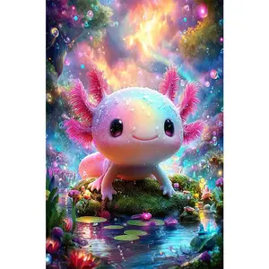 1PC 5D diamond painting 2D flat printing Magical Axolotl Diamond Painting Kit for Adults Kids - Sparkling with Enchanted Forest Background, DIY Craft Home Wall Decor Gift, 30x40cm