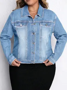 Womens Plus Size Button Closed Cropped Denim Jackets, Light Blue Womens Fall Clothing Jean Coat, Fashion Long Sleeve y2k Classic Jean Jacket Coat