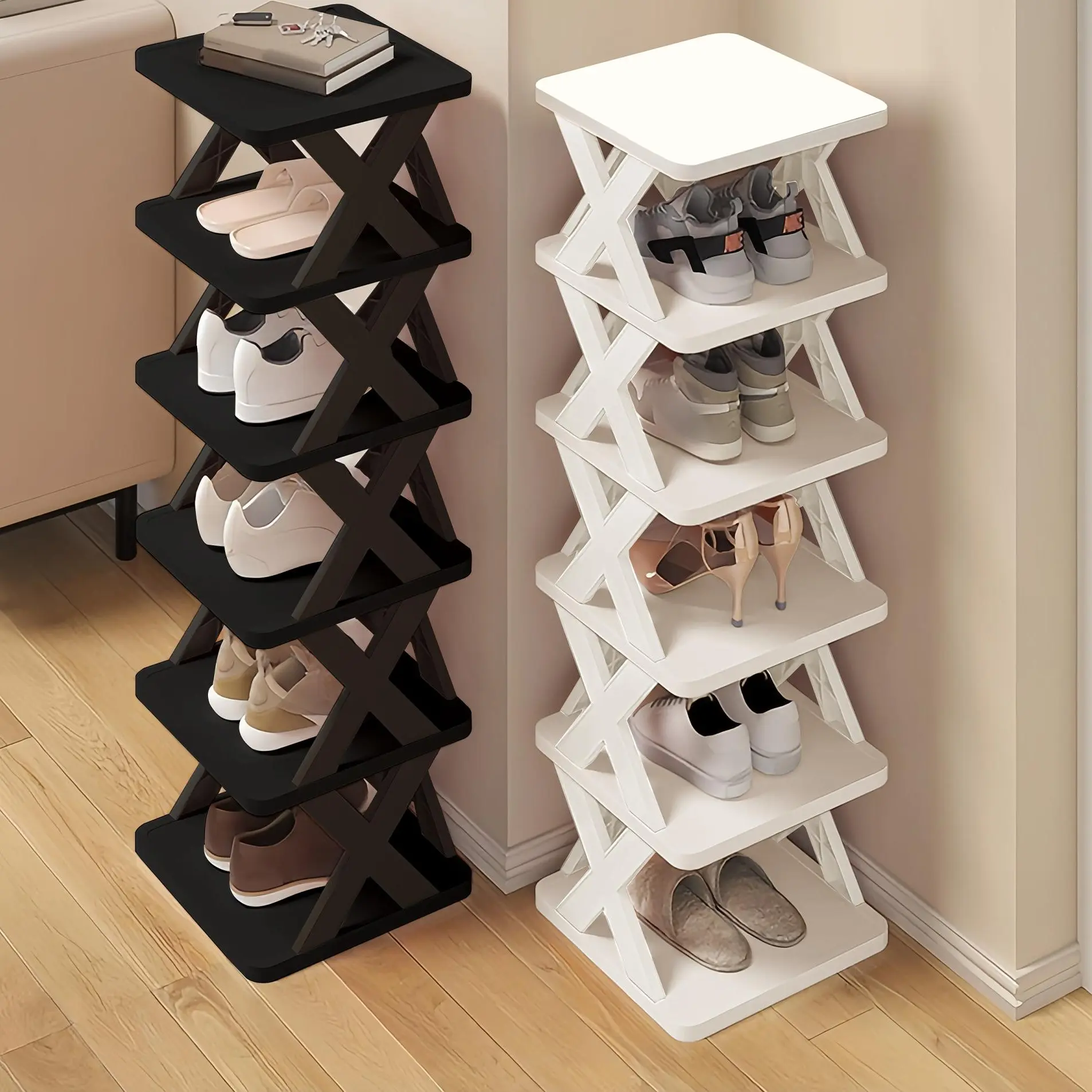 Plastic Shoe Shelf - 6/9-Tier Narrow Stackable Foldable Plastic Shoe Rack, Easy Assemble Storage Organization, Apartment Stuff for Bedrooms, Hallways Room Storage Furniture