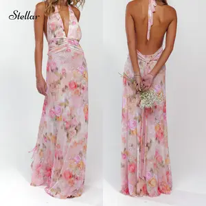 Women Elegent Party Long Dress, Sleeveless Halter Dress Backless Flower/Dots Print Summer Cocktail Dress