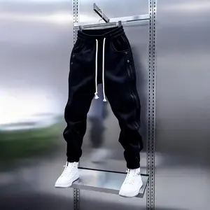 Men'S Casual Pants, Long Trousers for Men, Trendy Joggers with Drawstring Design, Streetwear Style, Large Pockets + Metal Button Accents, Adjustable Drawstring, Small Logo Embellishments; Versatile Everyday Wear for Various Outfits