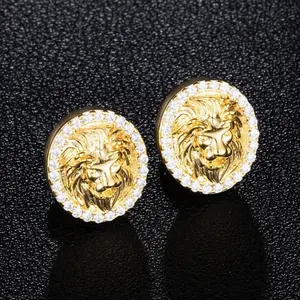 1 Pair Men's Hip Hop Stud Earrings, Luxury Gold/Silver Metal Oval Lion Head Earrings with Rhinestones, Fashion Jewelry Accessories as Gift
