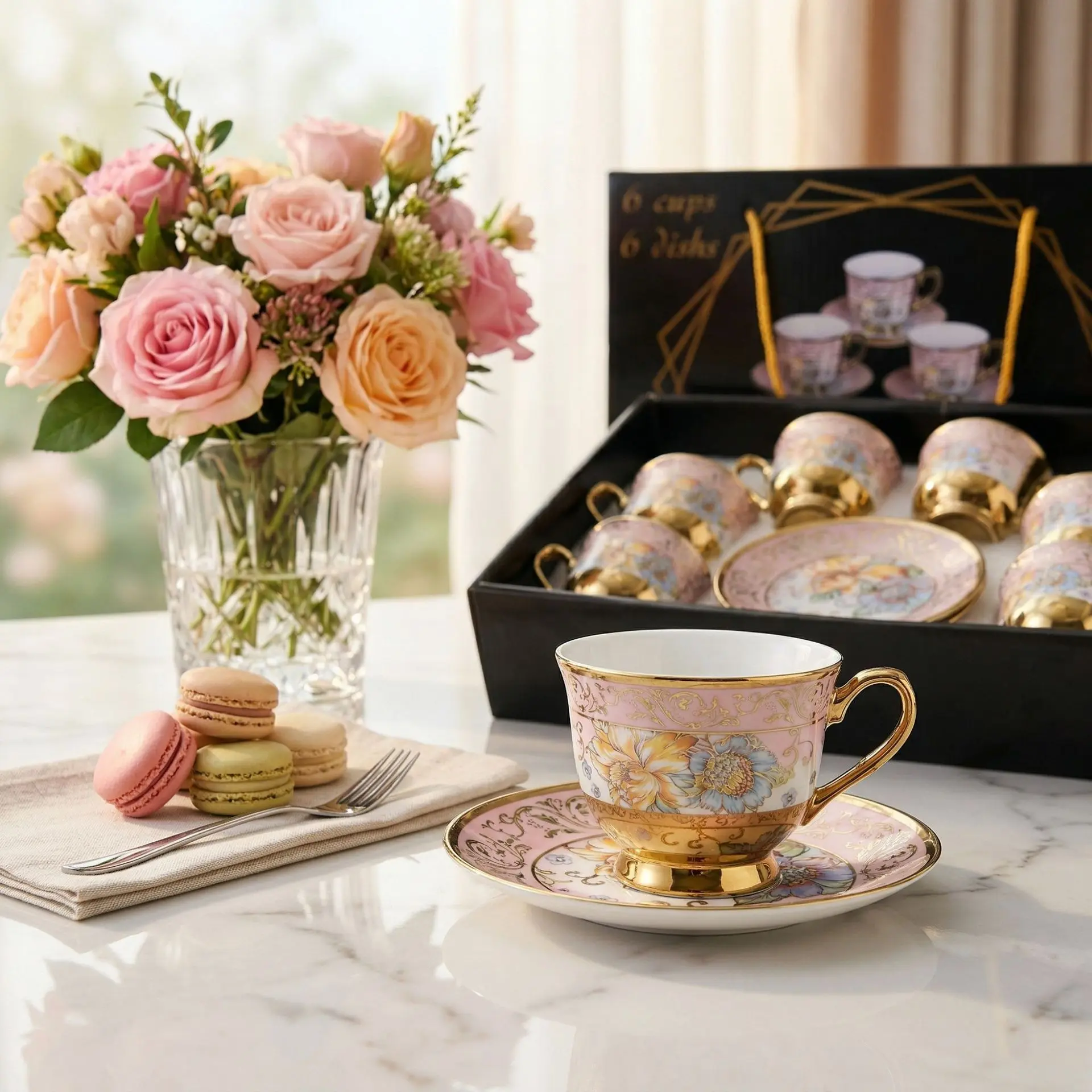 6-Pc Pink 3 oz Classic Porcelain Tea Cup Set with Gold Rim & Matching Saucers, Assorted Floral Design, Gift Box-Included for Birthday Party, Ideal for Cappuccino & Espresso
