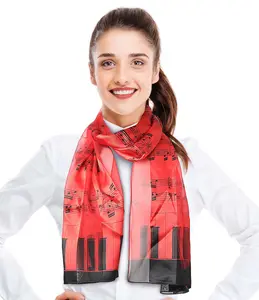 CBC Crown Lightweight Keyboard & Notes Printed Silk Feeling Music Scarf - Red