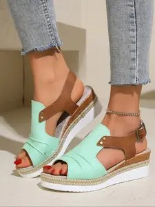 Women's Fashion PU Leather Wedge Sandals Summer New Buckle Slip-On Beach Slippers, Smooth Color Platform Shoes, Lightweight Breathable Comfortable Adjustable Sandals
