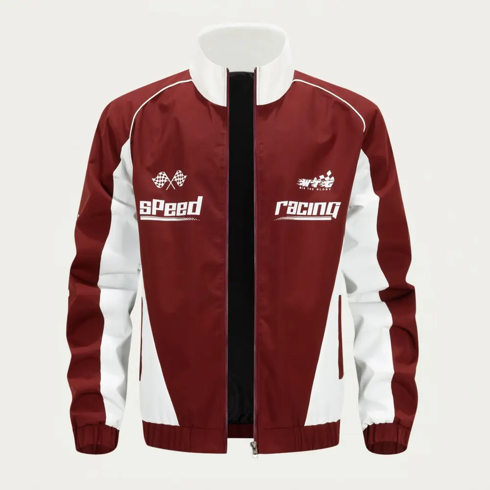 Men’s stand collar racing-style jacket with a retro motorcycle vibe, color-block design, front graphic print, suitable for adult men’s city outings and casual gatherings, featuring a streamlined fit—a trendy vintage fashion piece.