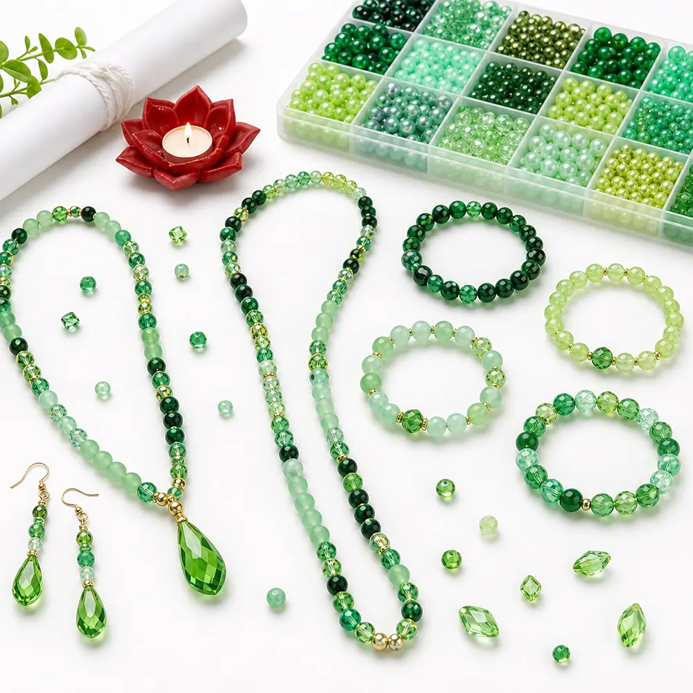 1600PCS Green Glass Beads for Bracelets, 6mm Crystal Beads for Jewelry Making Beaded Plants, Round Glass Beads with Faceted Bead Seed Beads for DIY Plant Making Crafts Earrings Necklace