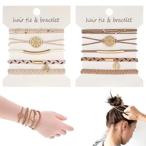 Hair Ties Bracelet for Women, 10 count 5 Styles Boho Dual-Use Bracelet and Hair Tie Stylish Soft Braided Hair Bands Elastic No  Hair Ties for Thin & Thick Hair Pony Tails (Beige Brown)