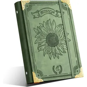Sunflower PU Leather A5 Binder 6 Ring Refillable Journal Cover No Inserts A5 Planner Binder Loose Leaf Binder for Notebook 5.7"x8.3" with Elastic Closure, Green