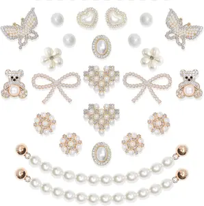 24Pcs Bling Rhinestone Shoe Charms for Women, Pearl Flower Clog Decoration Chain Accessories, Valentine Birthday Gifts