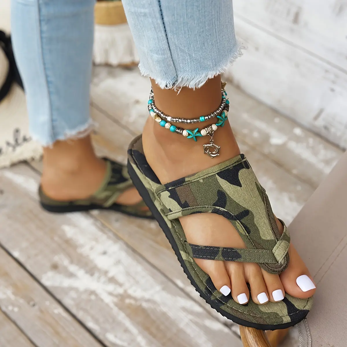 Women's Camouflage Open Toed Slip On Flat Heel Sandals - Breathable Cloth Upper, Soft Synthetic Lining, Lightweight EVA Sole, Hand Washable Footwear for Summer Beach, Outdoor Casual Wear