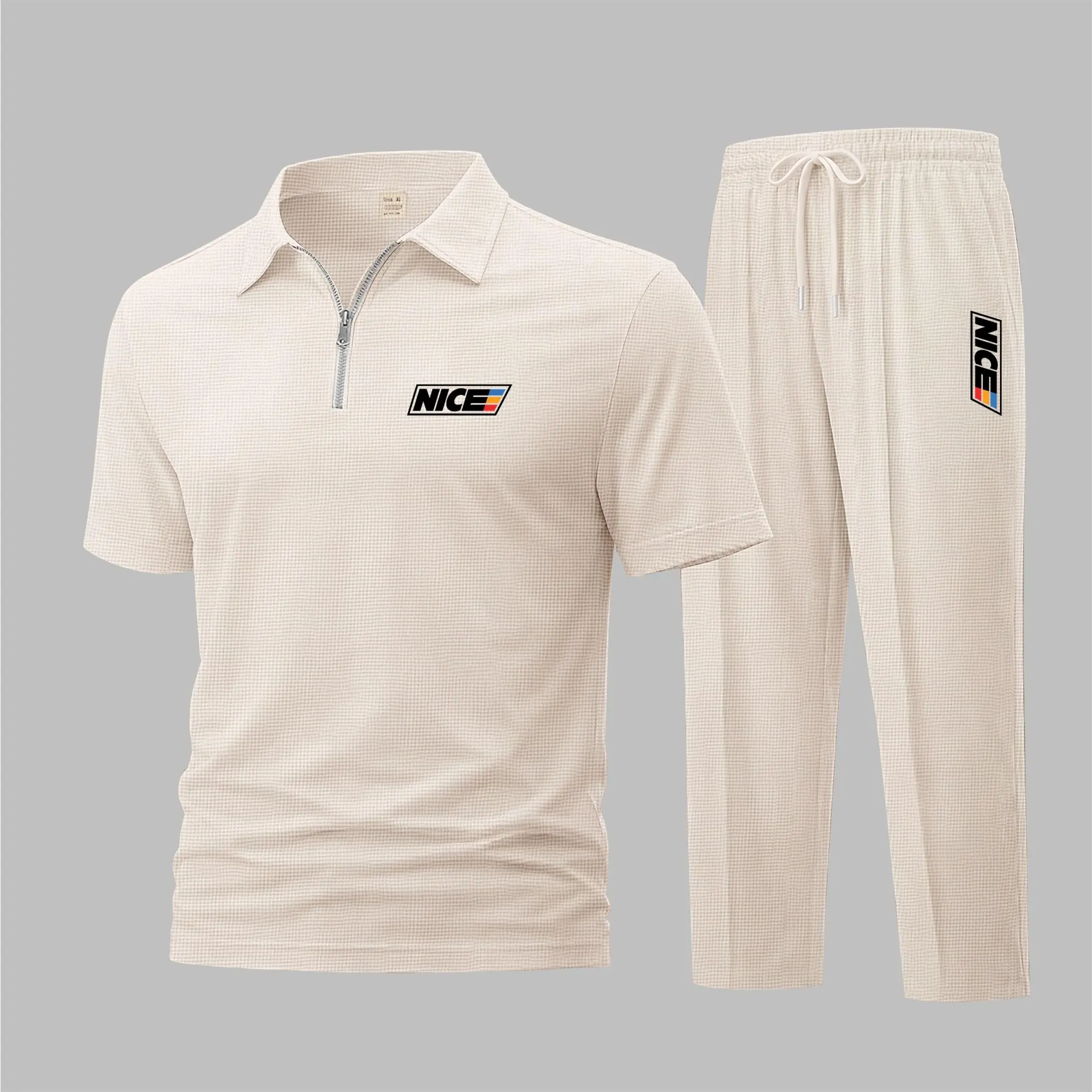 Men's 2-Piece Sport Stripe Graphic Polo Set - Waffle Knit "NICE" Letter Print Short Sleeve Zip-Up Zipper Lapel Polo & Loose Fit Baggy Poly Blend Sweatpants, Lightweight Breathable Minimalist Cut Sporty Outfits, Gym Training Clothing, Track Suits, Workout,